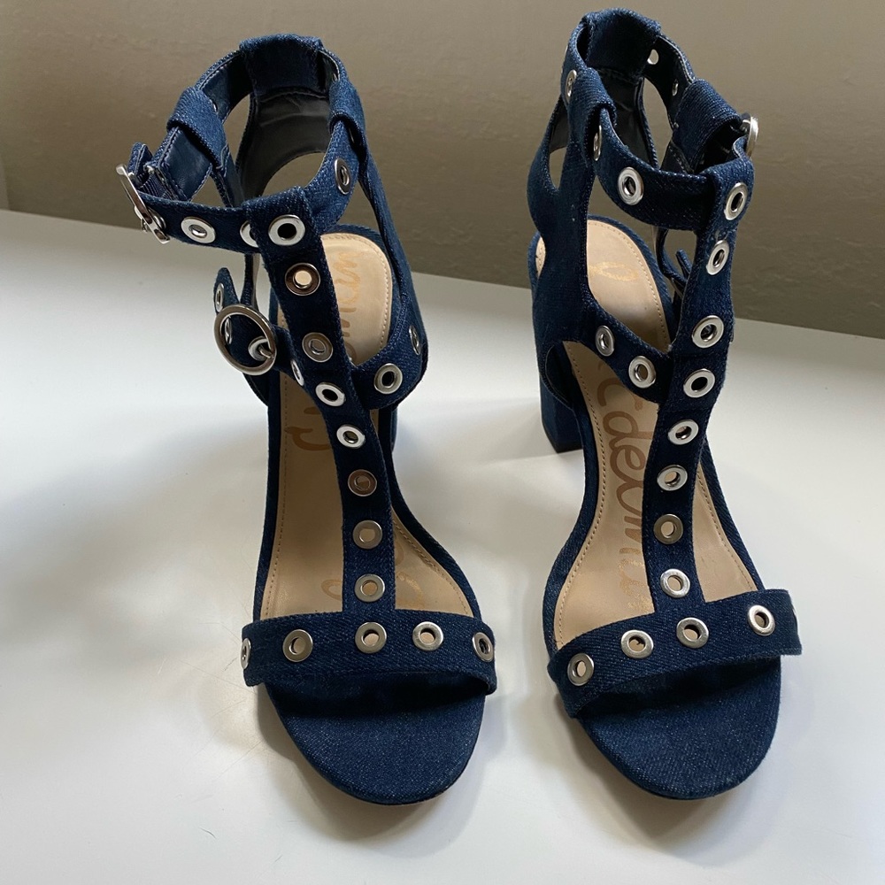 Denim block heels
